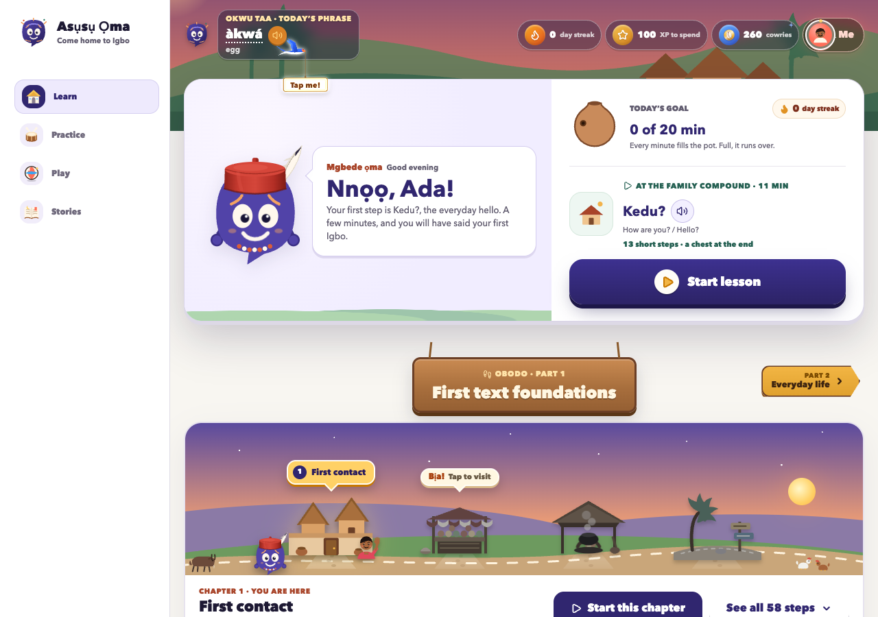 Follow the Asụsụ Ọma learning path on a larger screen