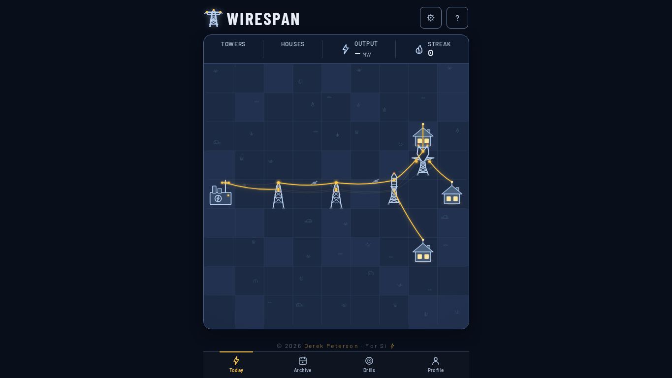 Wirespan · the daily power-line puzzle desktop preview captured by PWAs.app