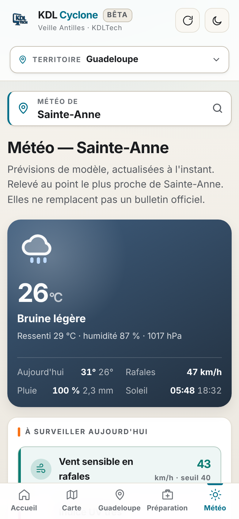 Météo locale détaillée, en thème clair