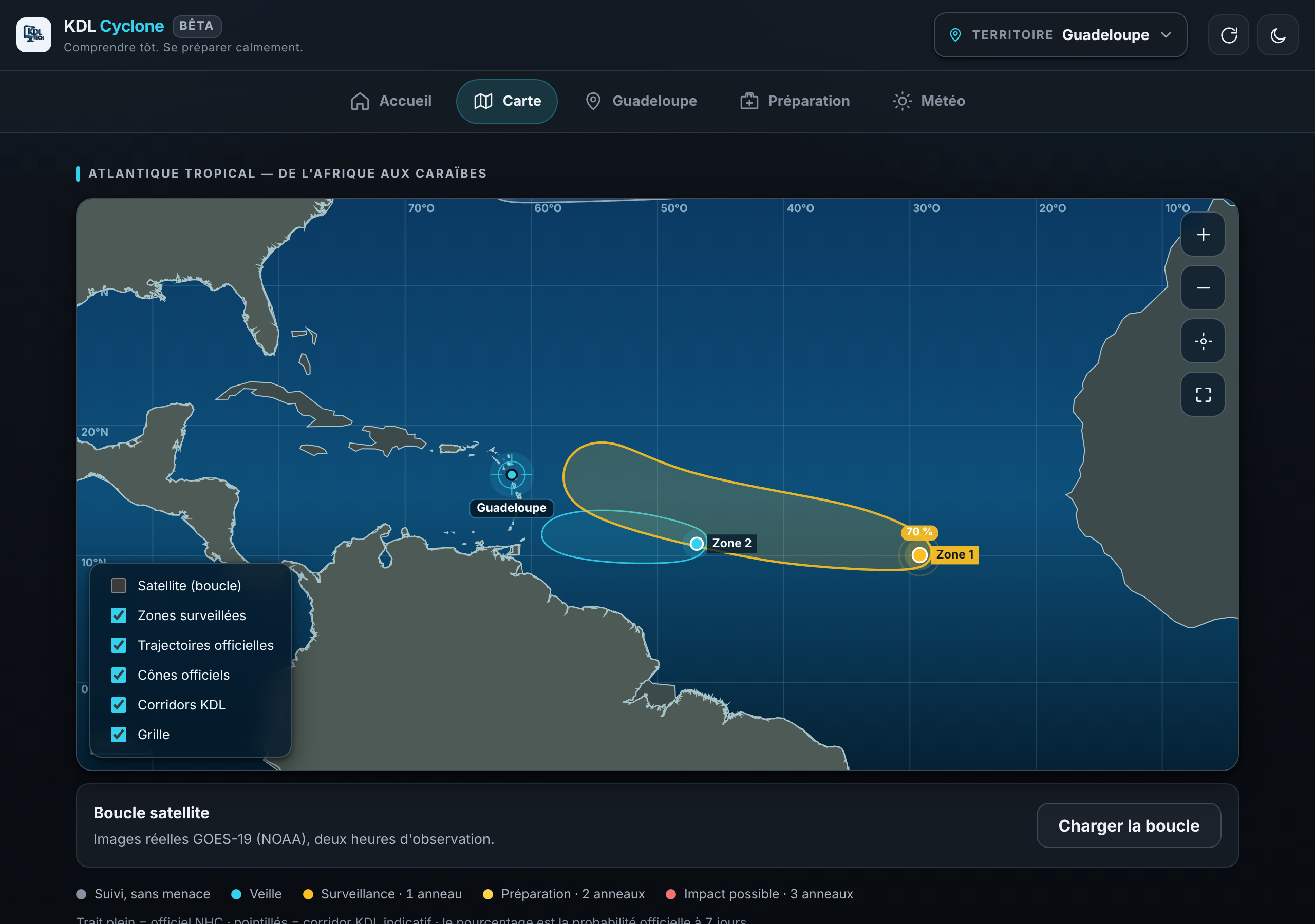 Carte cyclonique avec zones et trajectoires officielles