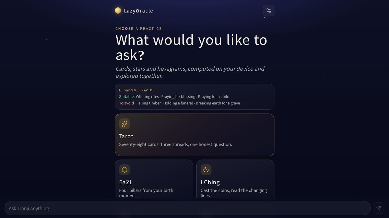 LazyOracle — Tarot, BaZi, I Ching desktop preview captured by PWAs.app