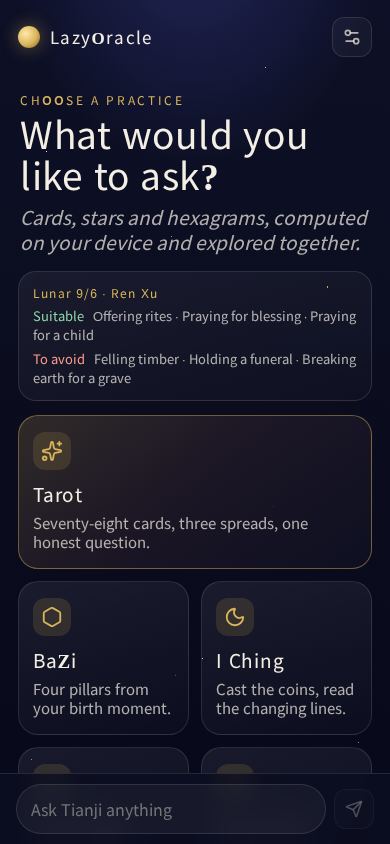 LazyOracle — Tarot, BaZi, I Ching mobile preview captured by PWAs.app