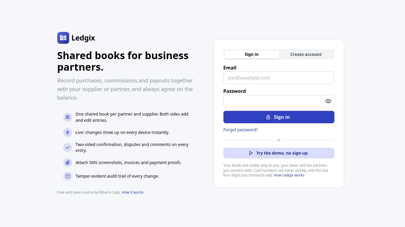 Ledgix: shared business books desktop preview captured by PWAs.app