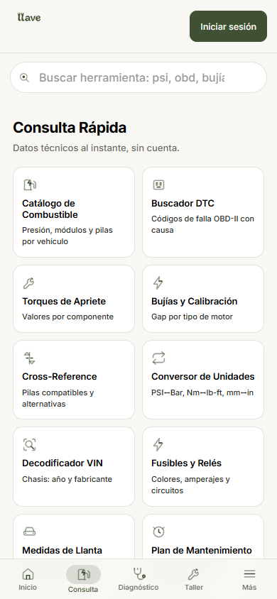 Consulta rápida: presión, códigos y torques