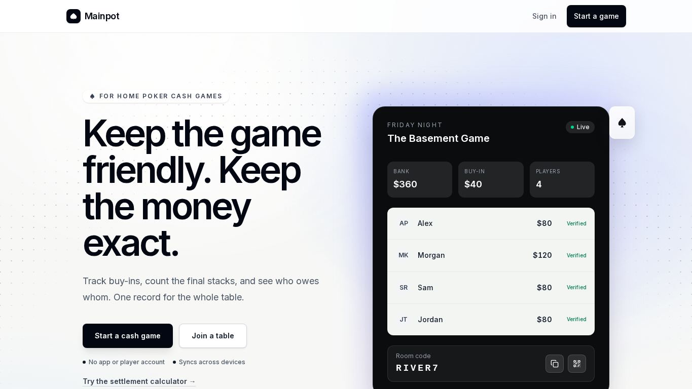 Mainpot — Poker Night Ledger desktop preview captured by PWAs.app