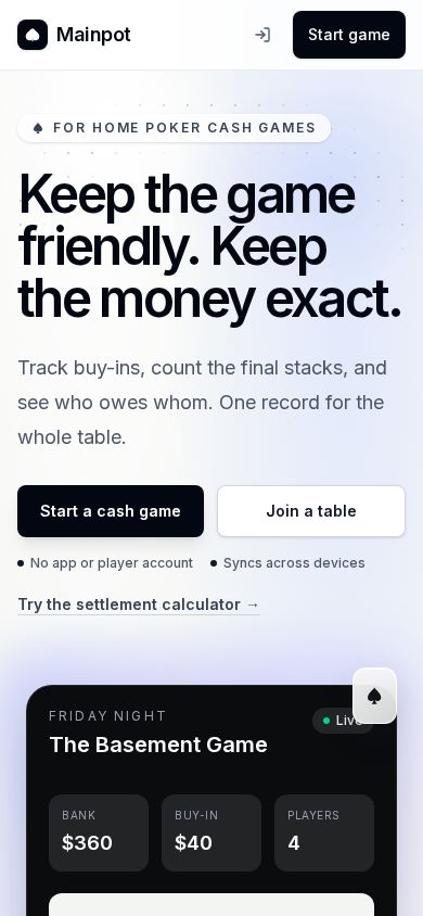 Mainpot — Poker Night Ledger mobile preview captured by PWAs.app