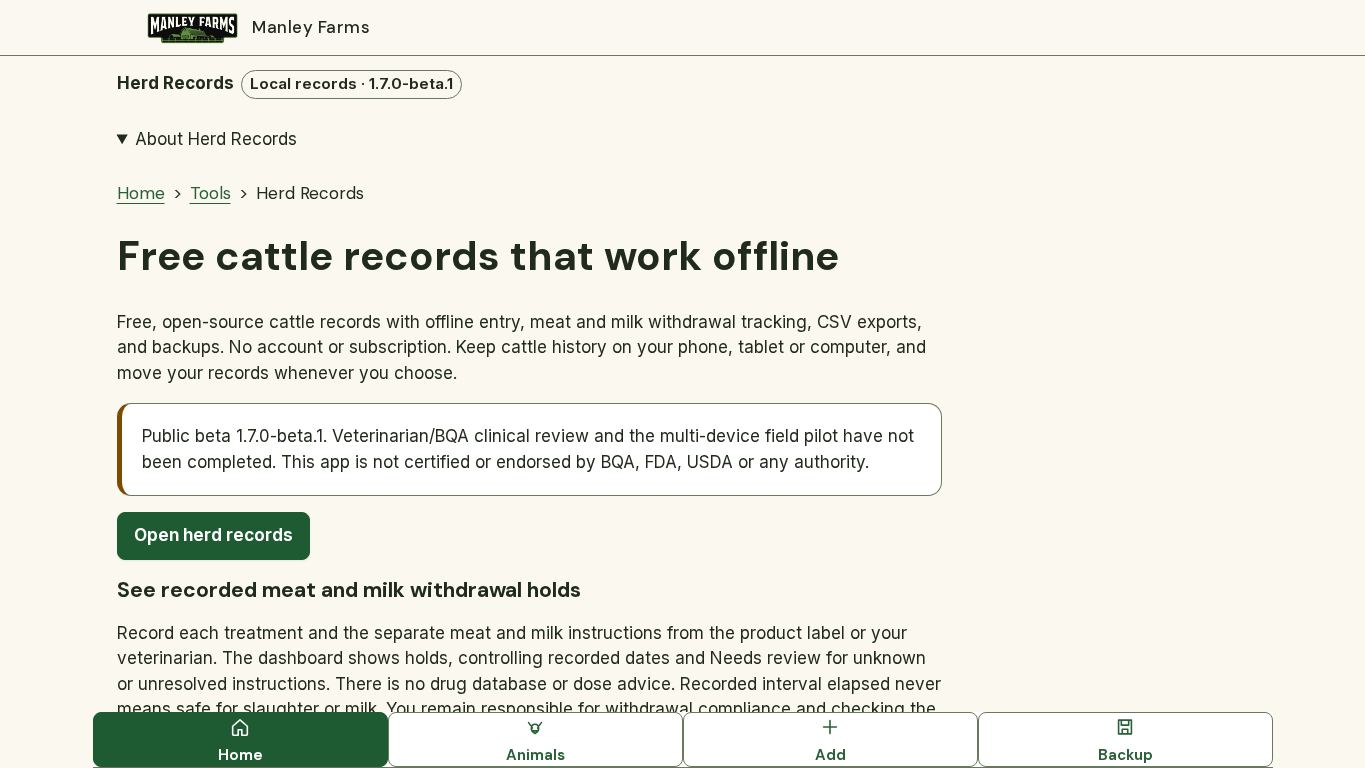 Manley Farms Herd Records desktop preview captured by PWAs.app