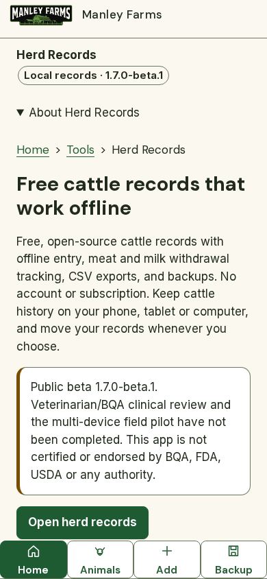 Manley Farms Herd Records mobile preview captured by PWAs.app