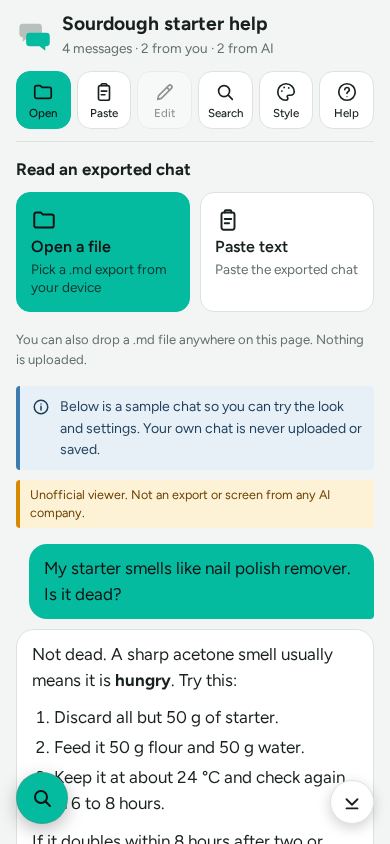 Markdown Chat Reader mobile preview captured by PWAs.app