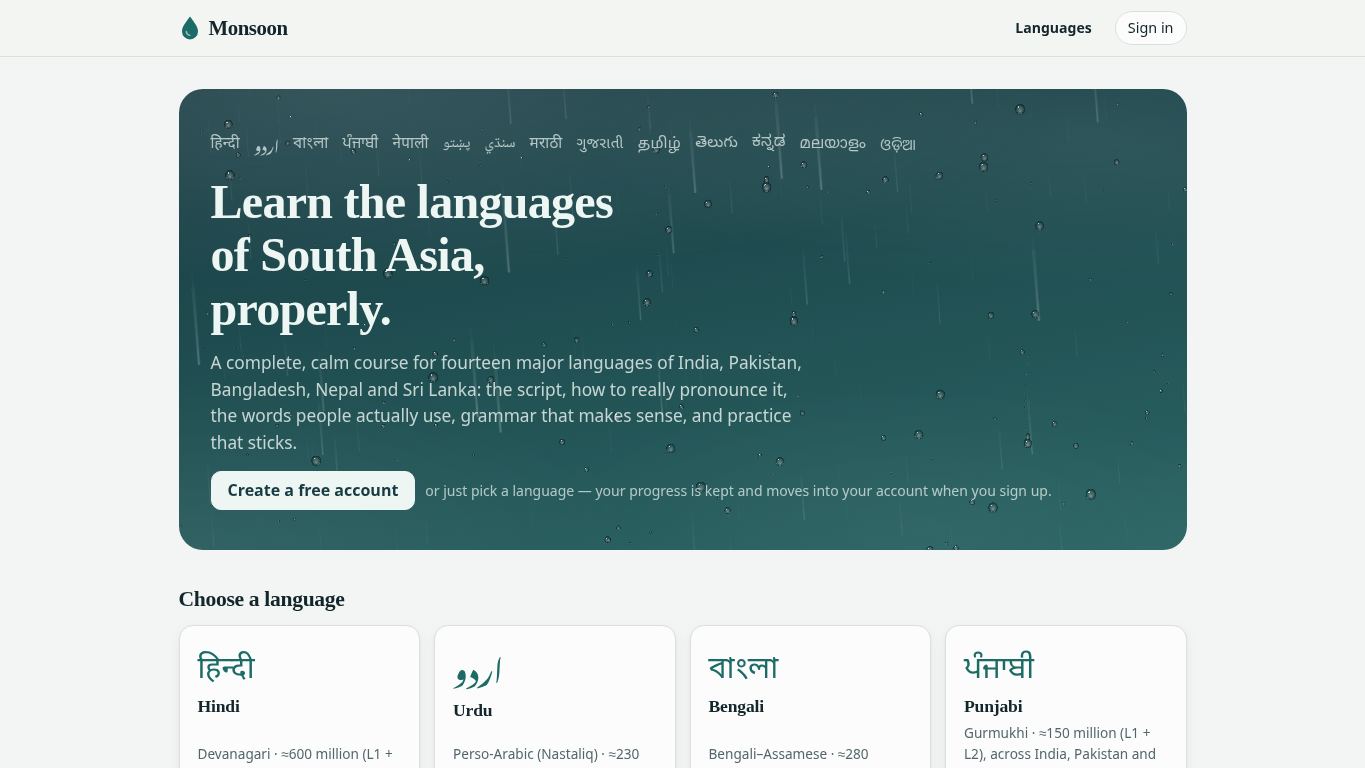 Monsoon — learn the languages of South Asia desktop preview captured by PWAs.app
