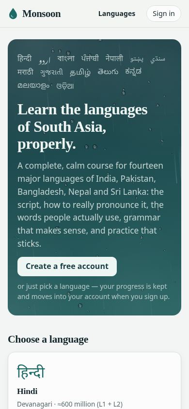 Monsoon — learn the languages of South Asia mobile preview captured by PWAs.app