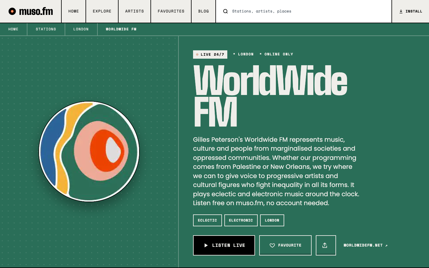 A station page: listen live and see what it played