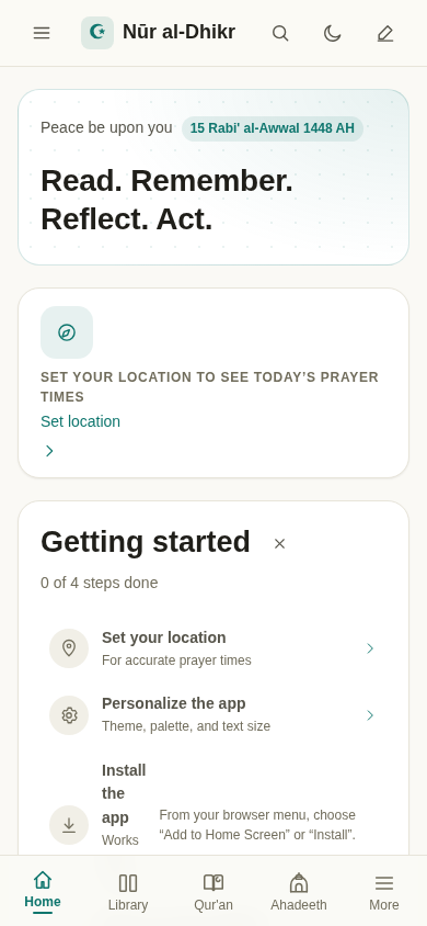 Today's adhkar, prayer times and quick actions