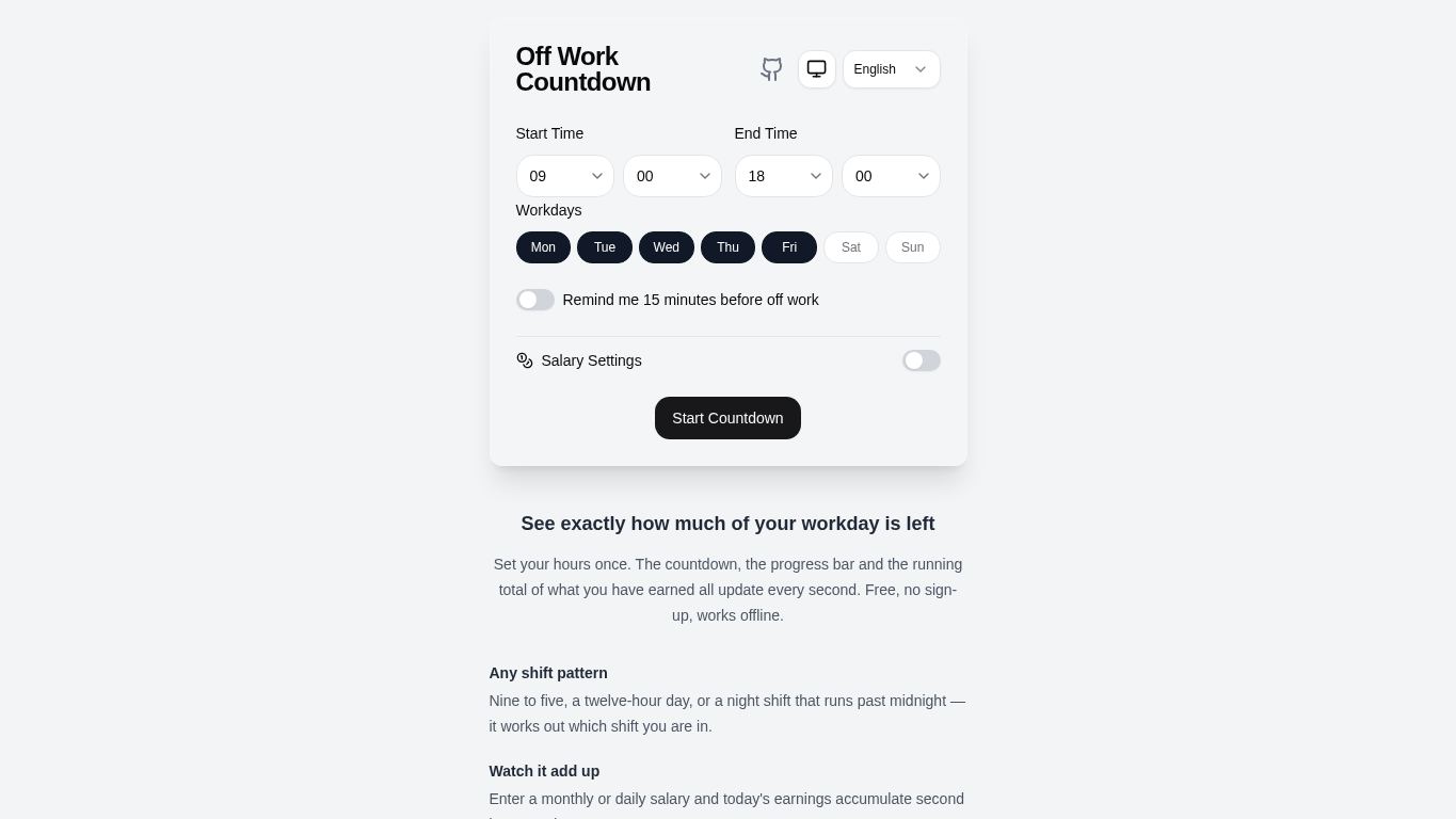 Off Work Countdown desktop preview captured by PWAs.app