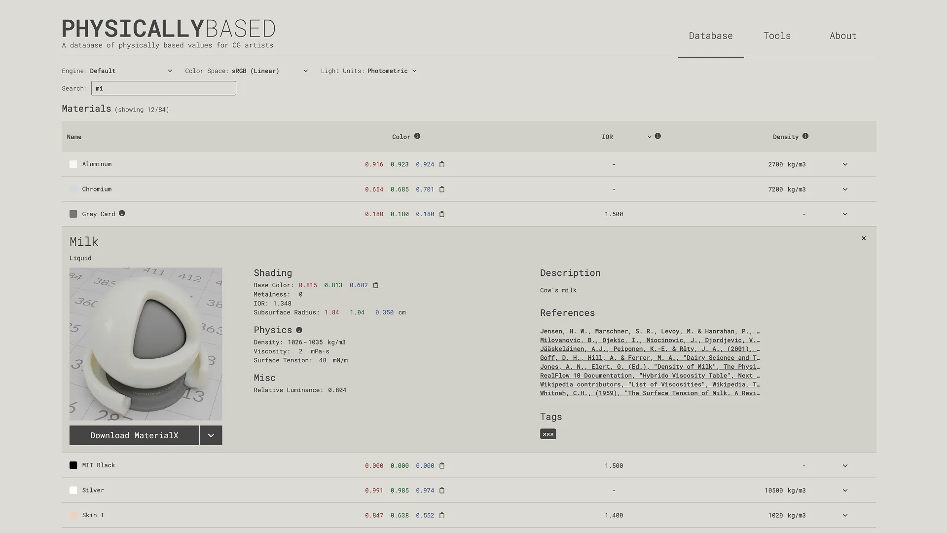 Desktop view showing the Database page in light mode.