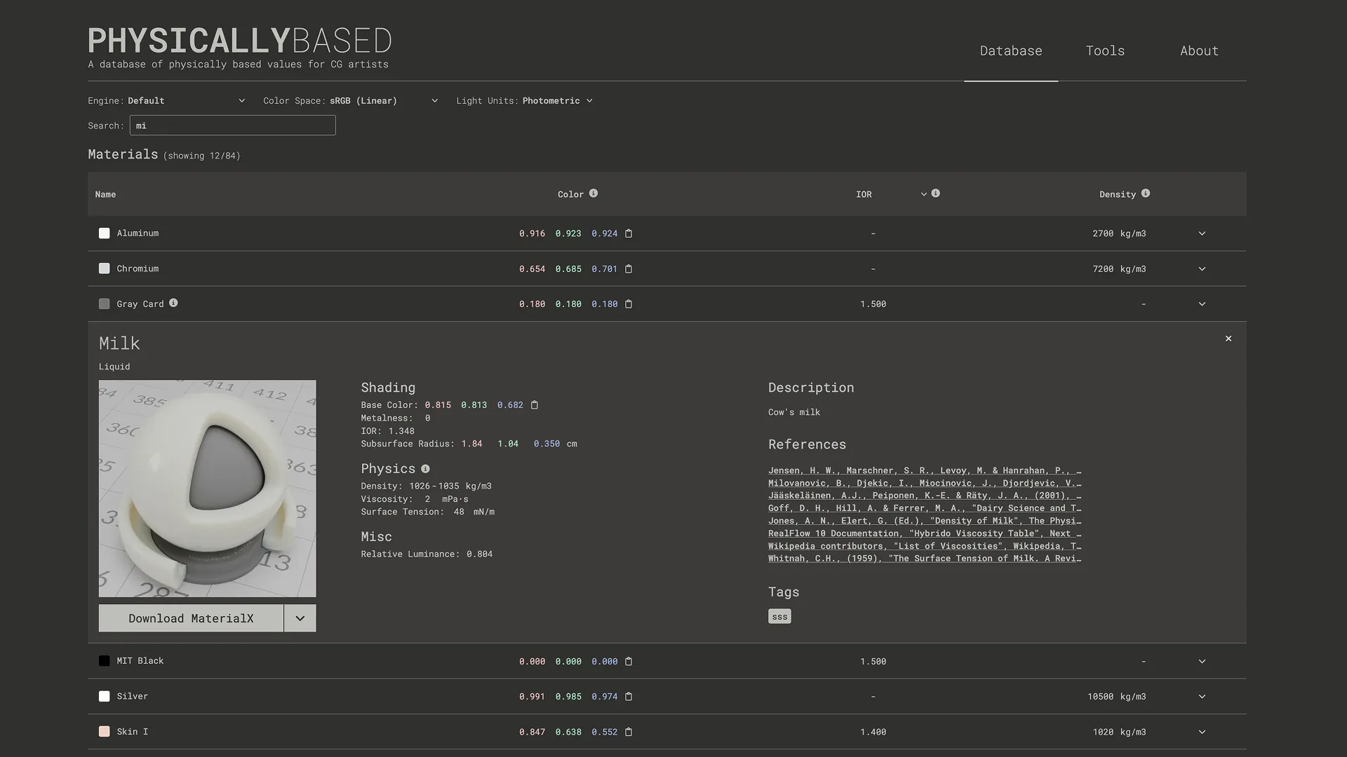 Desktop view showing the Database page in dark mode.