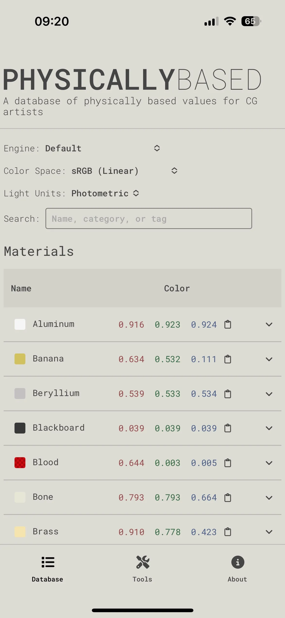 Mobile view showing the Database page in light mode.