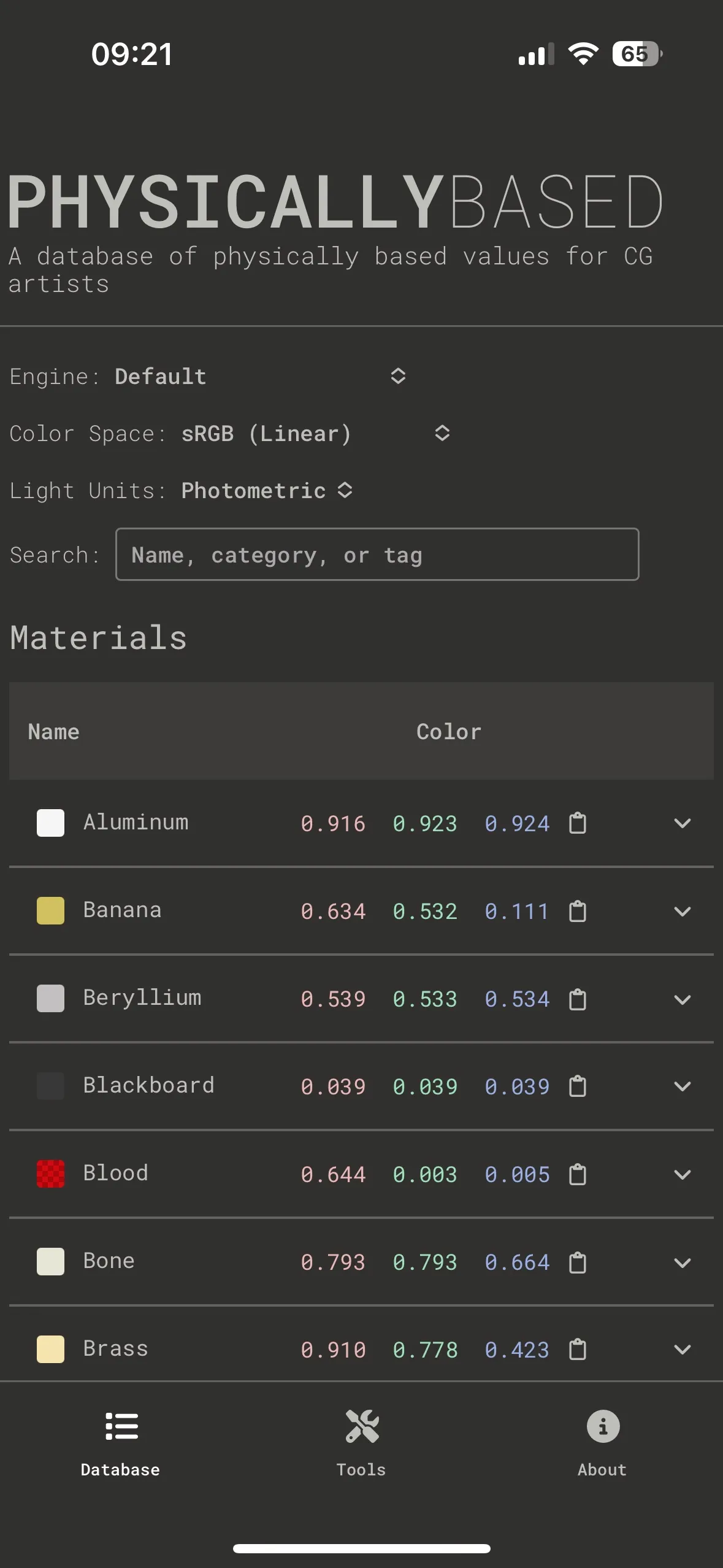Mobile view showing the Database page in dark mode.
