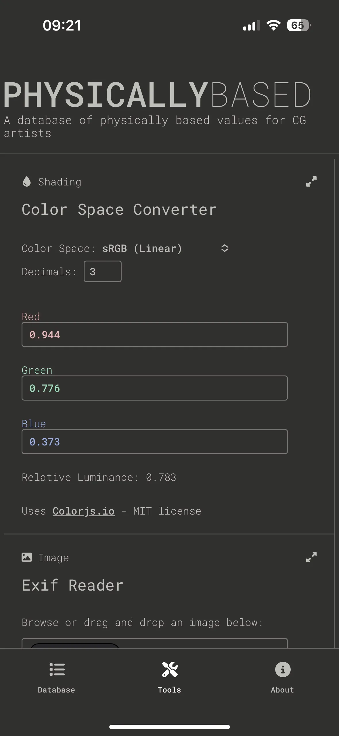 Mobile view showing the Tools page in dark mode.