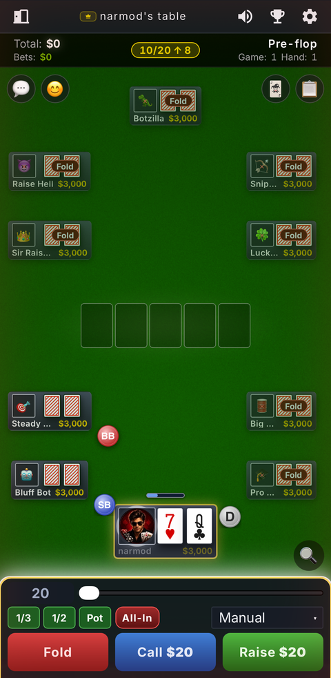 At the table on a phone — full 10-seat layout