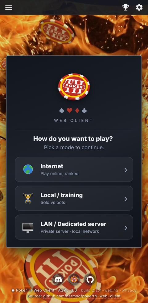 Pick a mode — online, training vs bots or LAN