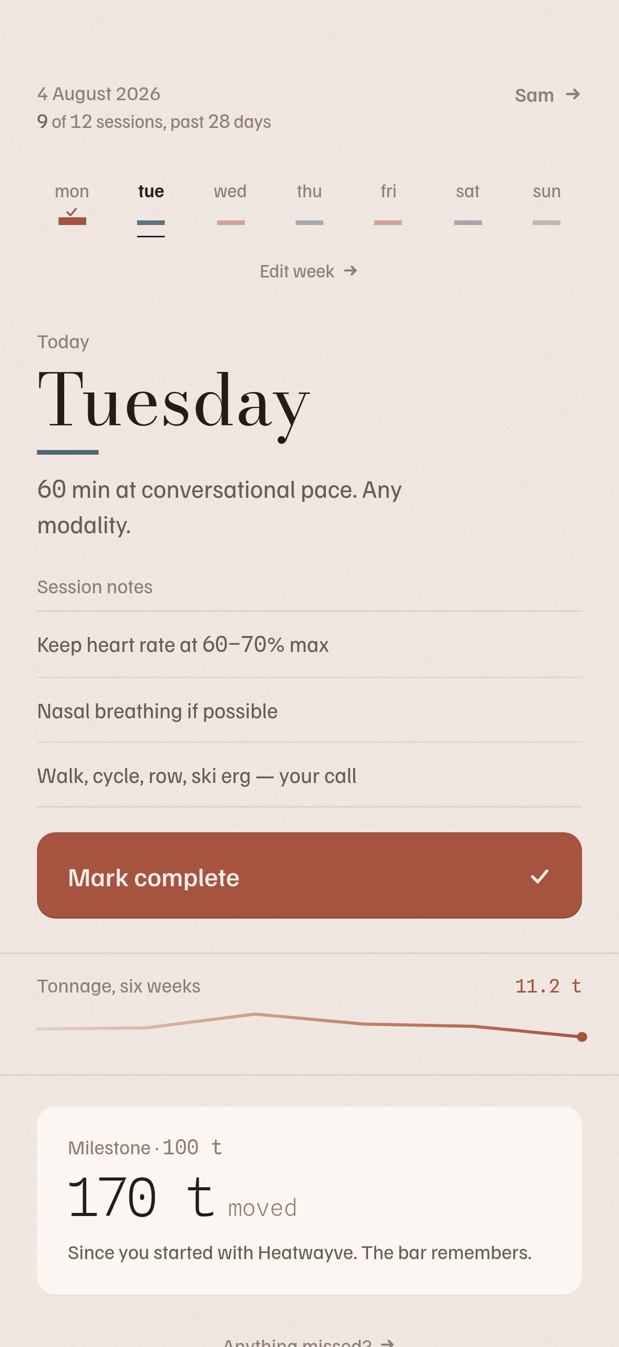 Today's training at a glance — week rhythm, session overview, and the Performance Lab