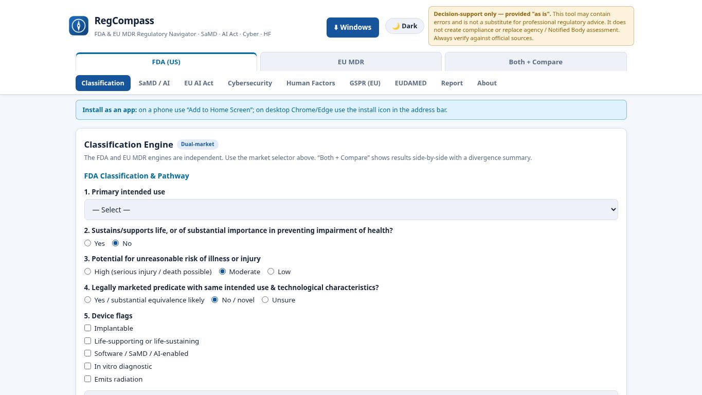 RegCompass — FDA & EU MDR Regulatory Navigator desktop preview captured by PWAs.app