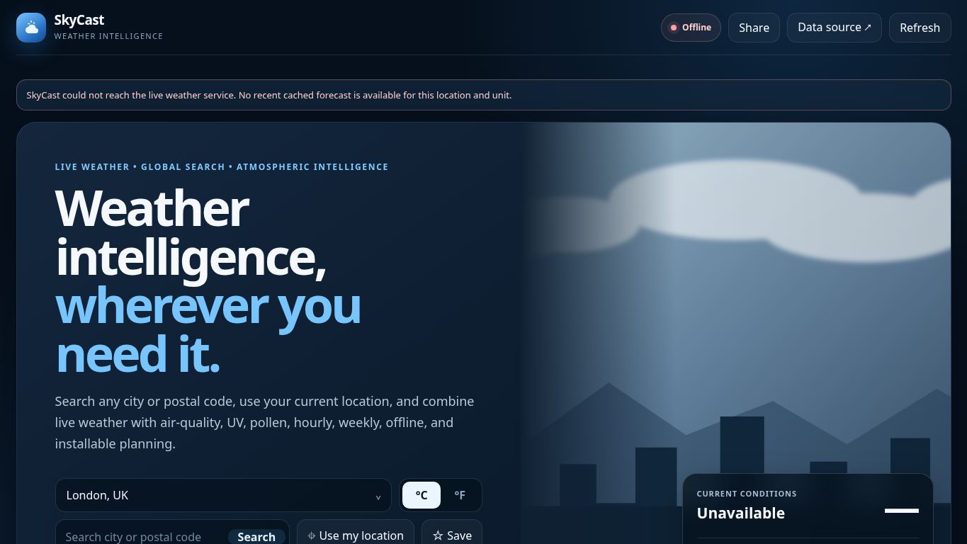 SkyCast — Weather Intelligence desktop preview captured by PWAs.app