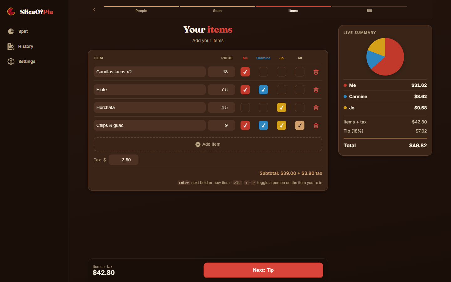 Split by item with a live summary