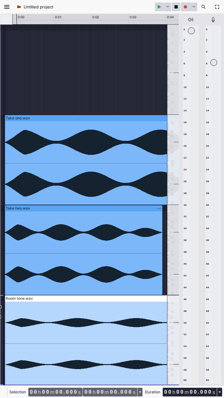The editor in a phone-sized window: the same timeline and transport, with the menubar and toolbars folded into their drawer.