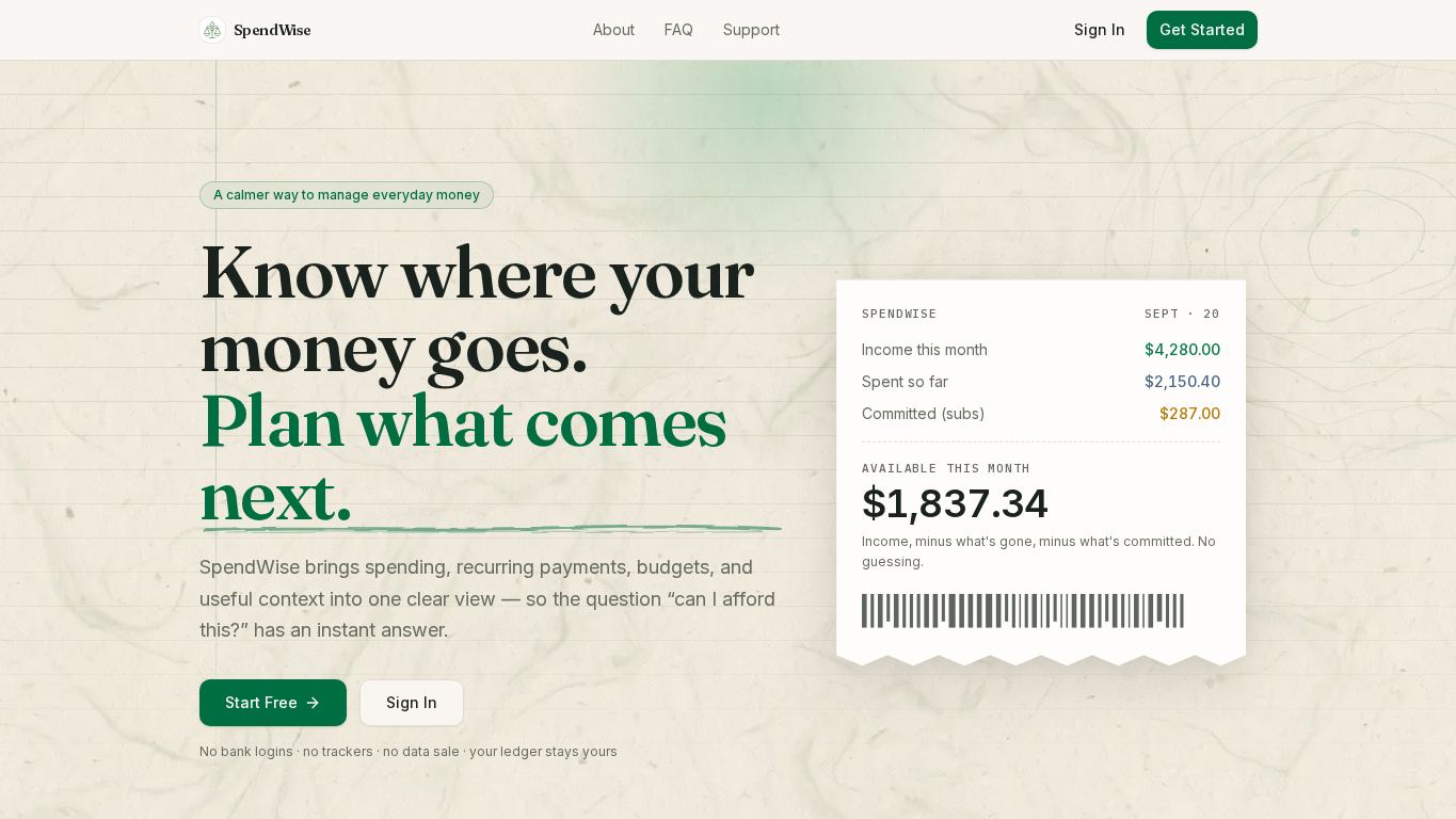 SpendWise — Budgeting without bank sync desktop preview captured by PWAs.app