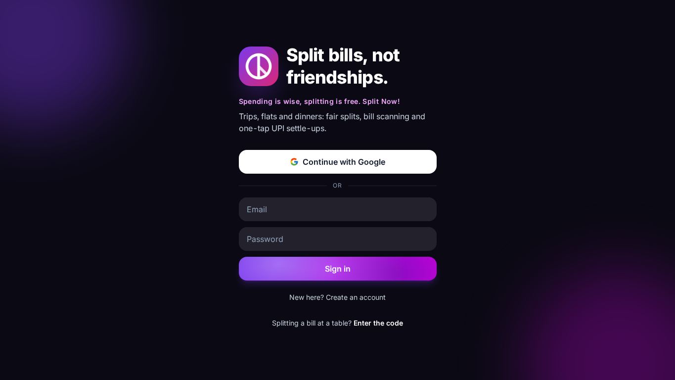 Split Now — split bills, settle up over UPI desktop preview captured by PWAs.app