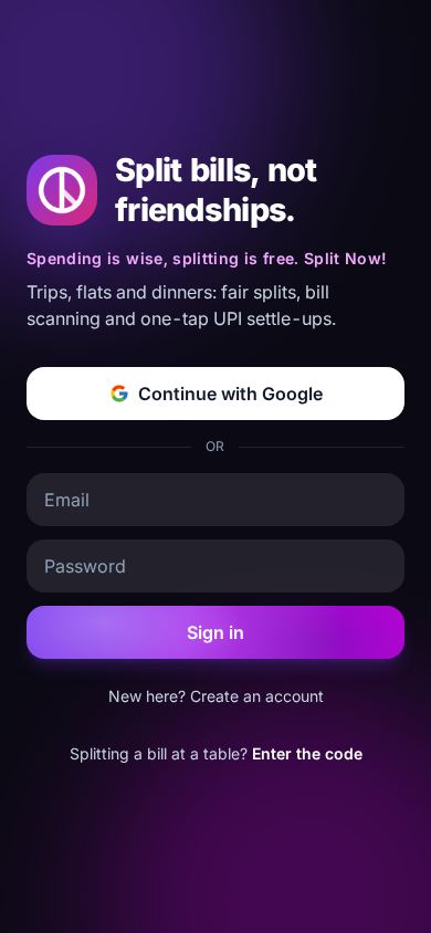 Split Now — split bills, settle up over UPI mobile preview captured by PWAs.app