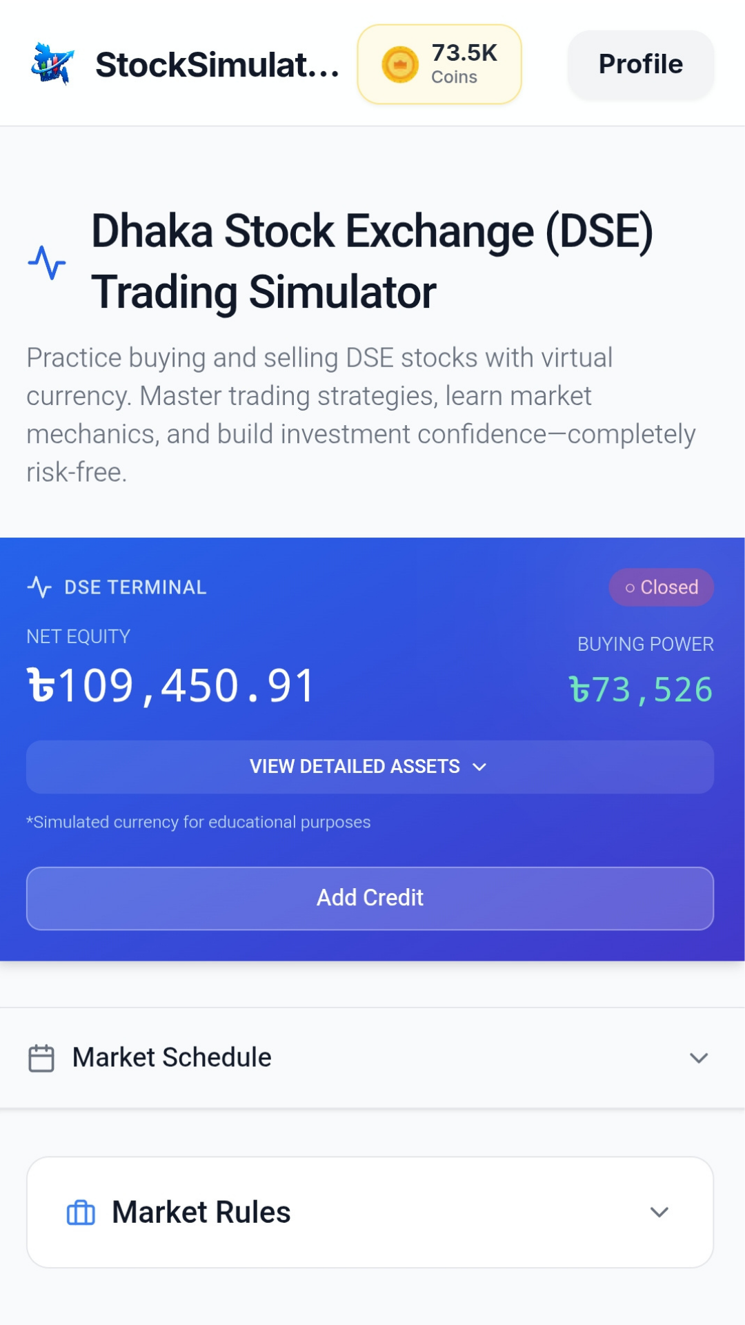 Trading dashboard with live balance and buying power