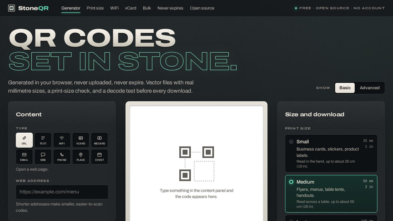 StoneQR desktop preview captured by PWAs.app