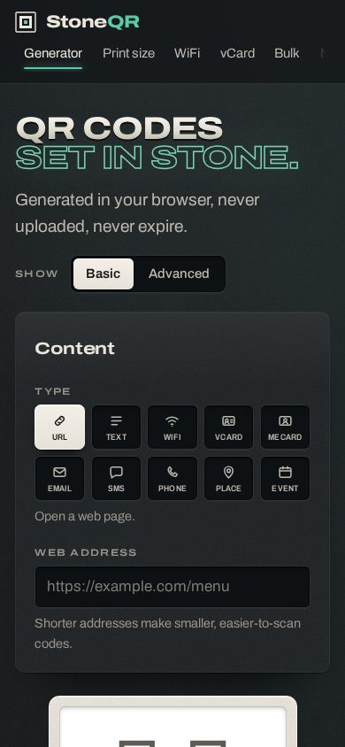 StoneQR mobile preview captured by PWAs.app
