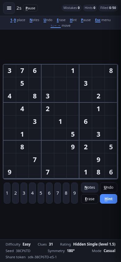 Sudoku — seeded generator & puzzle library mobile preview captured by PWAs.app