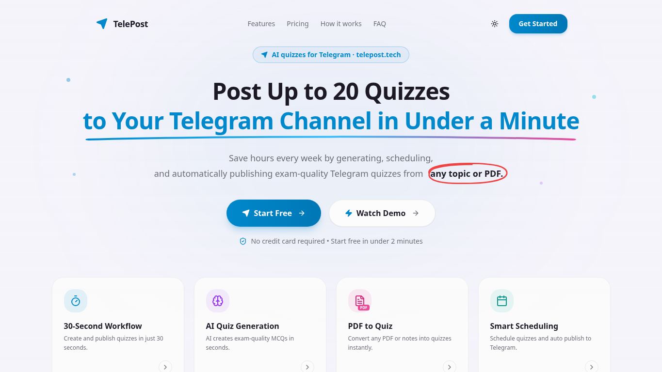 TelePost - AI Quiz Platform desktop preview captured by PWAs.app