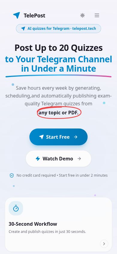 TelePost - AI Quiz Platform mobile preview captured by PWAs.app