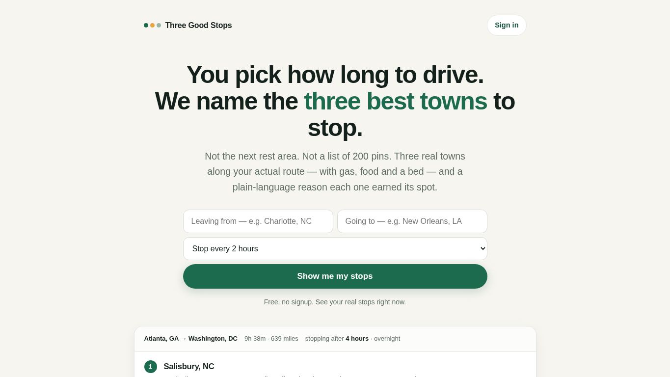 Three Good Stops desktop preview captured by PWAs.app