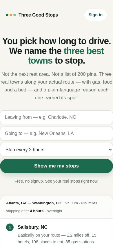 Three Good Stops mobile preview captured by PWAs.app