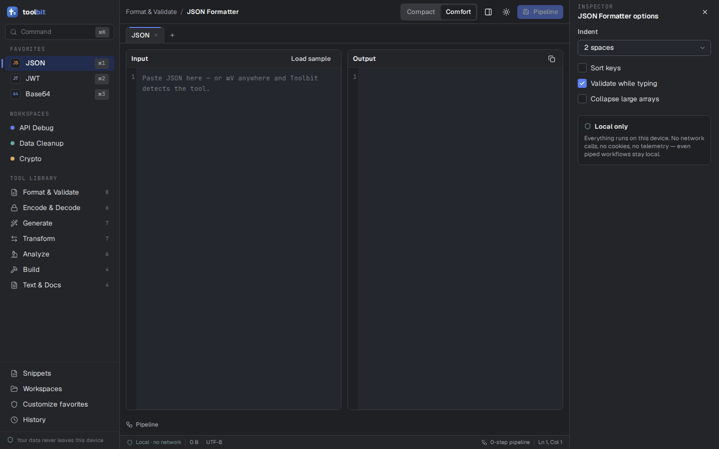 JSON Formatter with input, output, and options panels