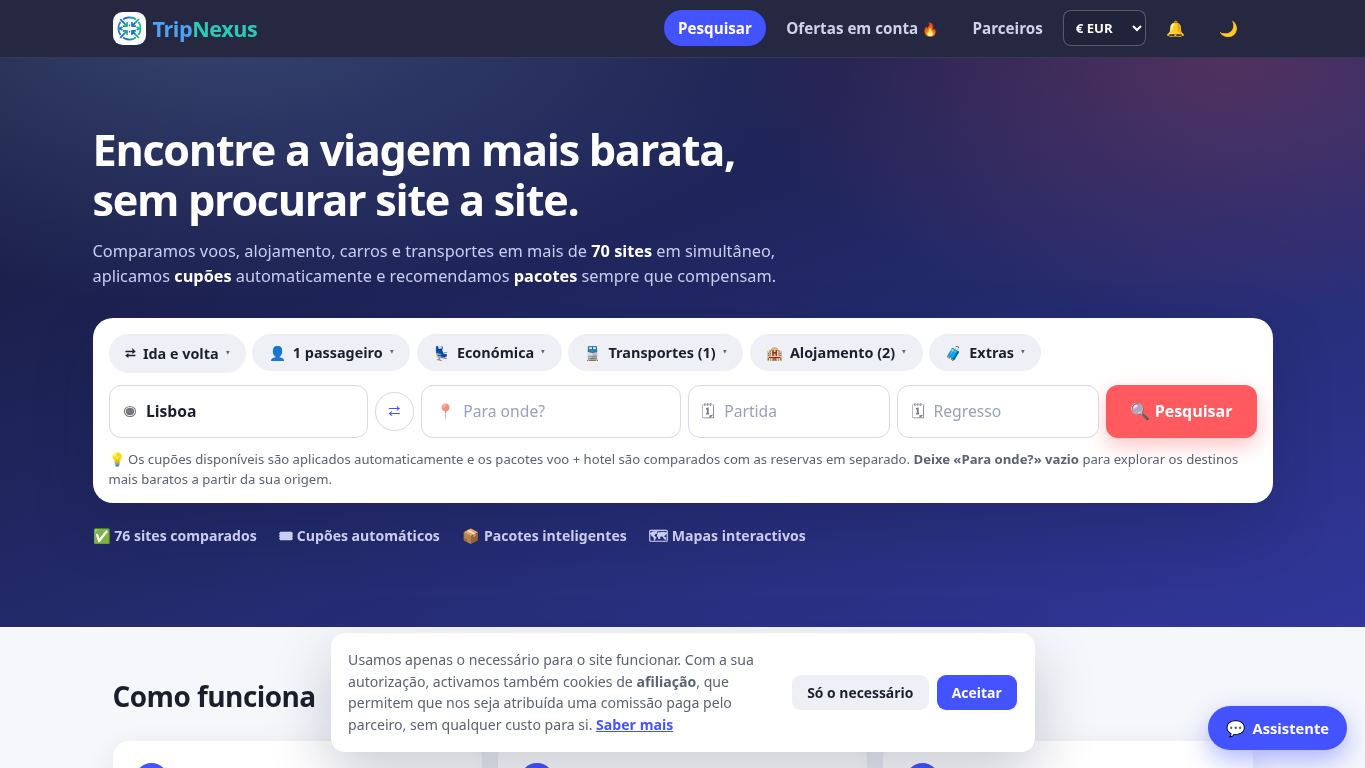 TripNexus | Comparador de viagens desktop preview captured by PWAs.app