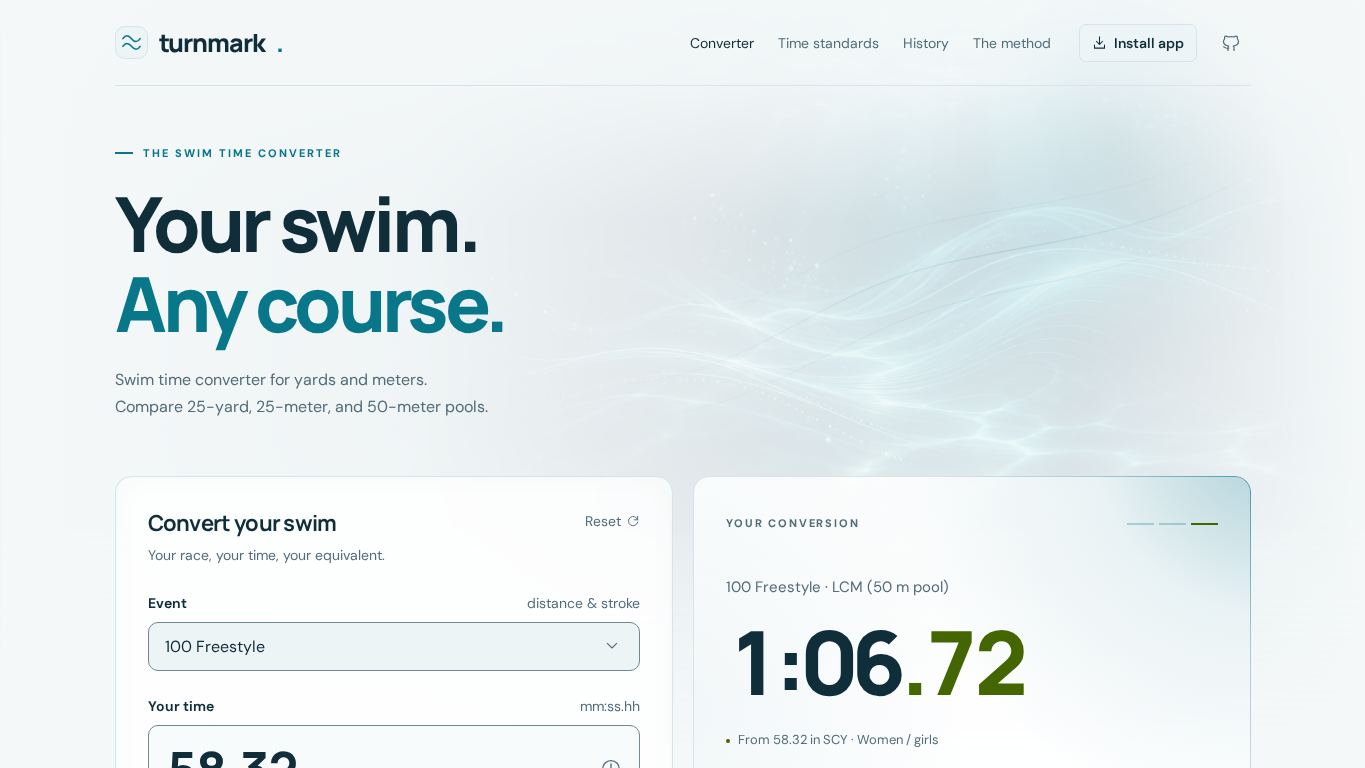 Turnmark Swim Time Converter desktop preview captured by PWAs.app