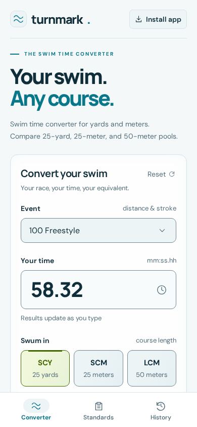 Turnmark Swim Time Converter mobile preview captured by PWAs.app