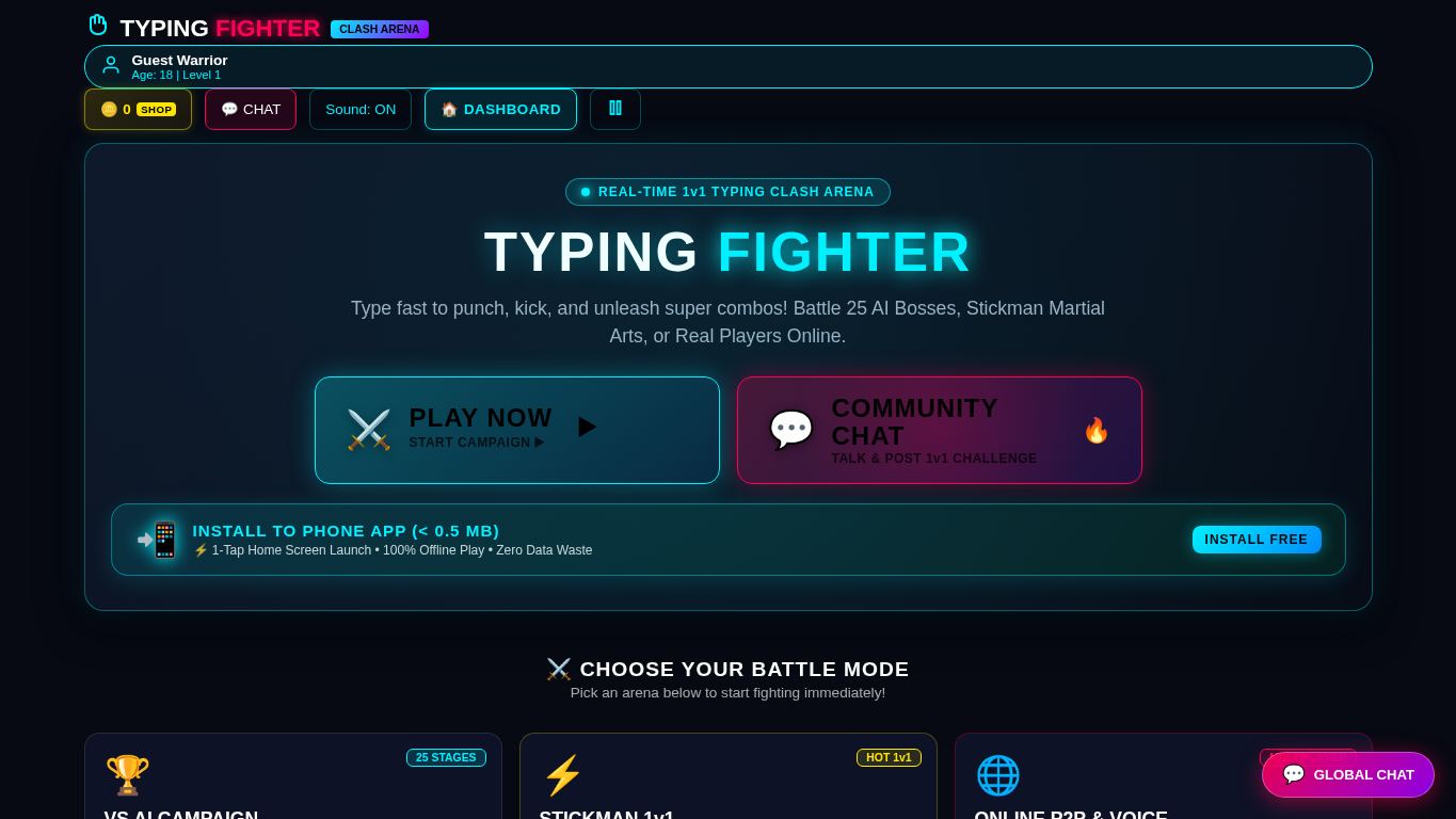 Typing Fighter - 1v1 Type Clash Arena desktop preview captured by PWAs.app