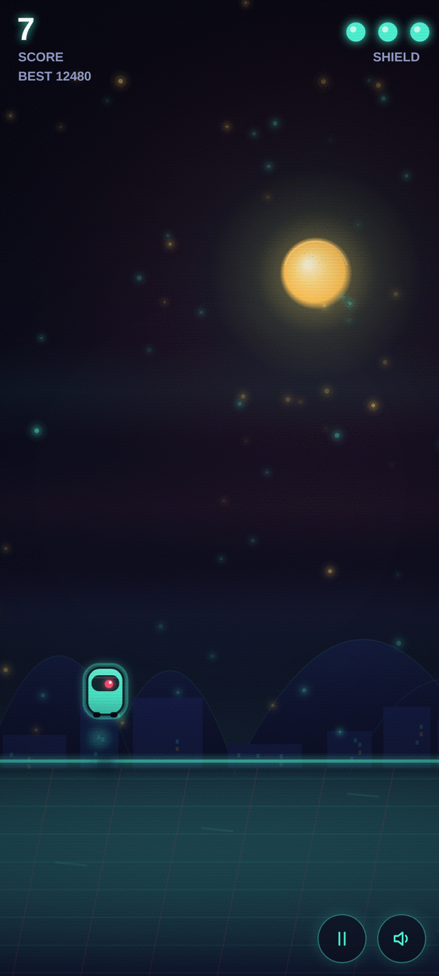 VibeHop title screen — tap to start, three-pip shield, best score