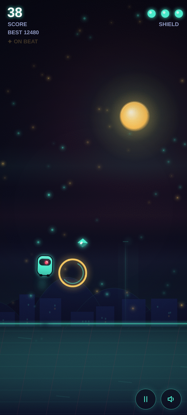 Mid-run: obstacles, glowing dash rings and prism orbs