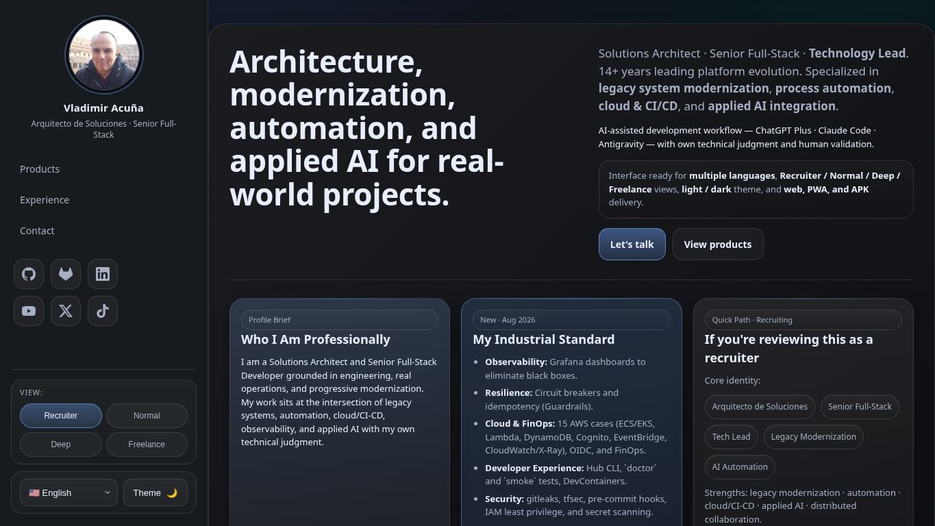 Vladimir Acuña · Portafolio desktop preview captured by PWAs.app