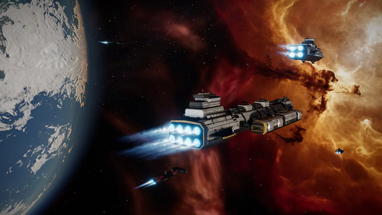 An Ironclad heavy warship leaving a planet under an orange nebula